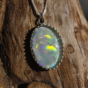 Large Australian Opal Sterling Silver Necklace, 4 Carats