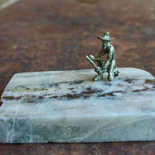 Tiny Gold Miner on Gold Ore From Rescue Mine, Warren Idaho; Vintage Boyd Perry Pewter Sculpture