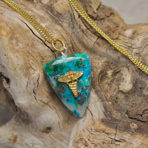 Chrysocolla Quartz Necklace with Caduceus Emblem