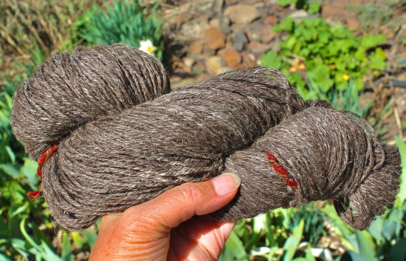 May include: A skein of brown yarn with red and white thread accents. The yarn is soft and fluffy, and it is perfect for knitting or crocheting.