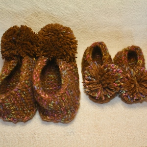 Hand-knit Llama Wool Slippers With Pom Poms, Kids Size 5-7