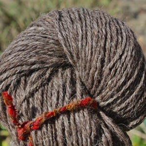 May include: A close-up of a brown yarn ball with a red and orange ribbon tied around it.