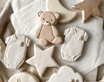 Vegan gender reveal cookies | gender neutral cookies | moon cookies | star cookies | cloud cookies | teddy bear cookies |baby shower cookies