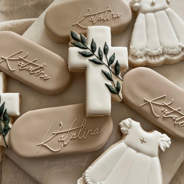 Vegan baptism sugar cookies | cross cookies | greenery cookies | baptism dress cookies