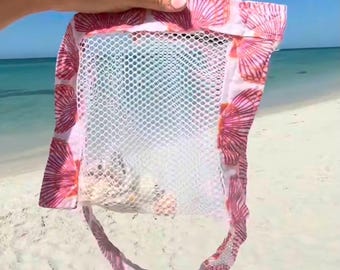 Worek do zbierania muszelek | Siatkowa torba plażowa z muszlami i paskiem na rzep | Worek na muszle bez piasku | Prezent dla miłośników plażowania