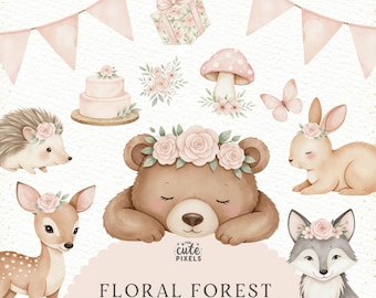 Floral Forest PNG, Boho Woodland Clipart, Pink Forest Animals, Girl Woodland Baby Shower, Pink Nursery Clipart, Floral Woods, Baby Animals