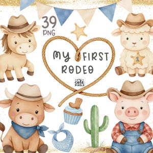 Il mio primo compleanno da rodeo, Clipart da cowboy, Animali da cowboy, Baby shower western per bambini, Stivali blu, Compleanno nel selvaggio West in formato PNG, Licenza commerciale