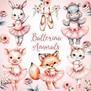 Cute Ballerina Animals Clipart Watercolor, Cute Ballet Clipart, Watercolor Pink Ballerina, Baby Bunny Clipart, Nursery Clipart, Baby Shower