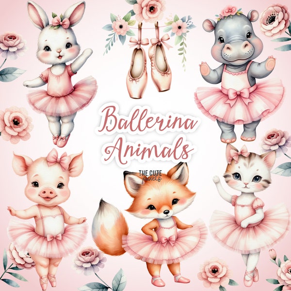 Cute Ballerina Animals Clipart Watercolor, Cute Ballet Clipart, Watercolor Pink Ballerina, Baby Bunny Clipart, Nursery Clipart, Baby Shower