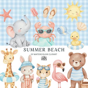 Strand Sommer Clipart, süße Strand Tiere, Ozean Kinderzimmer Clipart, Baby Tiere, Urlaub Clipart, Sommer Kinder, Urlaub Vibe digitaler Download