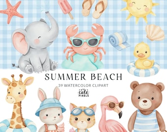 Beach Summer Clipart, Cute Beach Animals, Ocean Nursery Clipart, Baby Animals, Vacation Clipart, Summer Kids, Vacation Vibe Digital Download