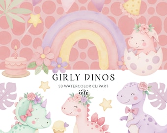 Watercolor Dinosaur Clipart, Pastel Pink Girly Dino PNG (Digital Download)