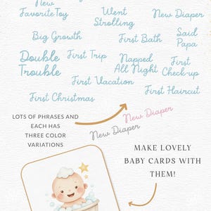 May include: Baby milestone clipart with phrases like "First Bath" and "First Trip." The image features a baby in a bathtub, bubbles, and a star. The text includes "100+ Watercolor Clipart" and "Make lovely baby cards with them!"