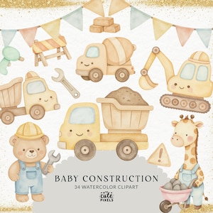 Pacote de clipart de construção em aquarela, clipart de veículos de construção, festa de aniversário de berçário, caminhão, escavadeira, guindaste, escavadeira PNG