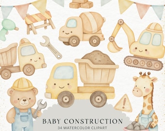 Construction Vehicles Watercolor Clipart Bundle, Nursery Birthday (PNG)