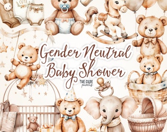 Watercolor Gender Neutral Baby Shower Clipart, Teddy Bear Clipart ...