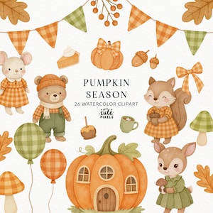 May include: A collection of watercolour clipart with a seasonal autumn theme. The image includes a pumpkin house, a mouse, a bear, a squirrel, and a deer, all in autumnal outfits. Text reads "PUMPKIN SEASON 26 WATERCOLOR CLIPART".
