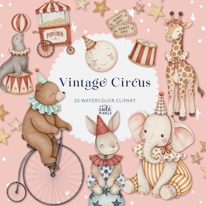 May include: A watercolour illustration with a vintage circus theme. The image features a seal balancing a ball, a popcorn cart, a bear riding a bicycle, a giraffe, an elephant, a rabbit, a moon, and stars. The text "Vintage Circus" is displayed.