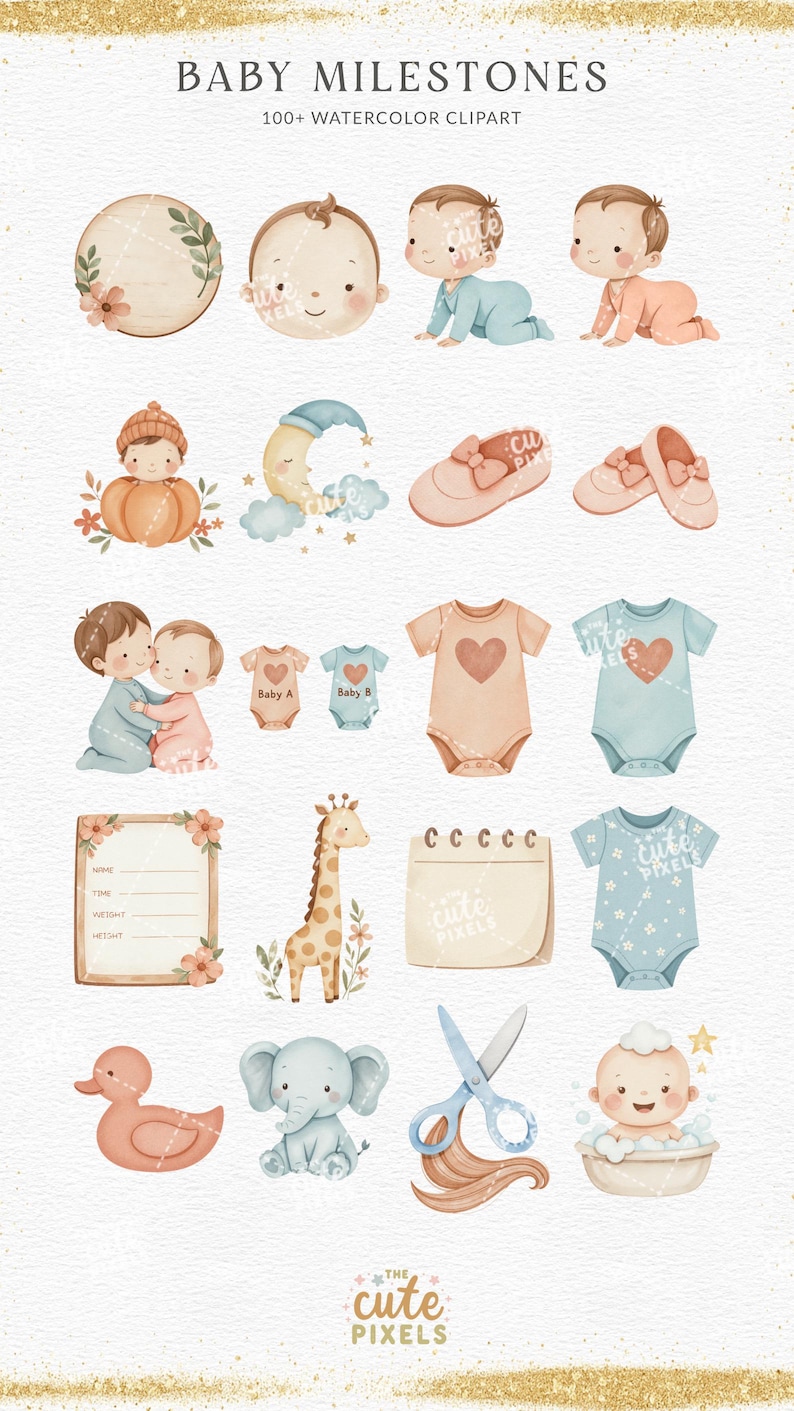 Watercolor Baby Milestone Clipart, Newborn Tracker (Digital Download) image 2