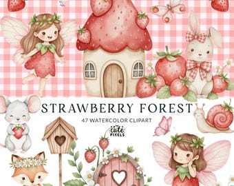 Puede incluir: Conjunto de imágenes prediseñadas de acuarela con temática de bosque de fresas, con una casa, hadas, un conejo y otras criaturas del bosque. Se muestra el texto "STRAWBERRY FOREST". El fondo es de cuadros rosas y blancos.