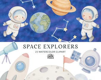 Aquarell Weltraum Clipart Bundle, Baby Astronaut, Space Forscher, Planeten, Raketen (PNG)