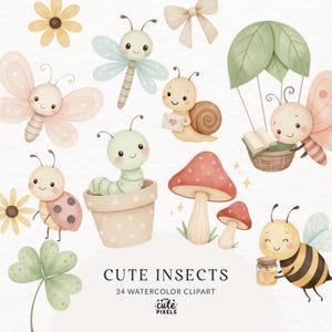 Puede incluir: Conjunto de imágenes prediseñadas de acuarela con adorables insectos, incluyendo una mariposa, una libélula, un caracol, una mariquita, una abeja y una oruga. La imagen incluye flores, setas y un lazo. El texto dice "Cute Insects" y "34 Watercolor Clipart".