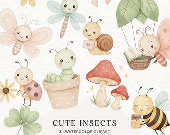 Cute Insects Clipart Bundle, Love Bugs PNG, Spring Garden Creatures, Bee Watercolor Clip Art, Bug Birthday Party Graphics Digital Download
