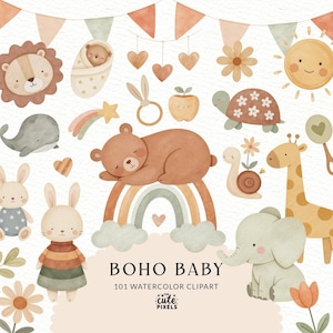 Clipart acquerello Boho Baby, Clipart animali per cameretta, PNG Boho Baby Shower, Festa neonato Boho, Baby Shower Boho, Grafica Moon Child