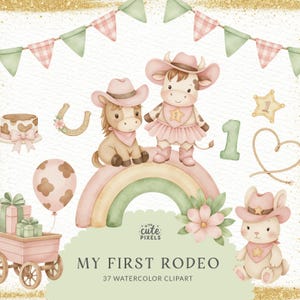 Mein erster Rodeo Geburtstag, Cowgirl Clipart, rosa Cowgirl, westliche Babyparty, rosa Stiefel, Wilder Westen Geburtstag PNG, kommerzielle Lizenz