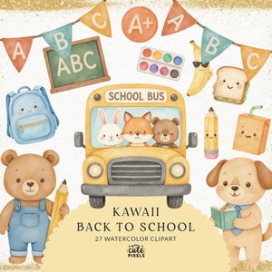Paquete de imágenes prediseñadas de regreso a clases, útiles escolares para niños, papelería kawaii, animales escolares, profesor, PNG, sublimación, imágenes prediseñadas comerciales