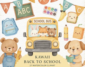 Kawaii School Clipart Bundle, Teacher PNG, School Animals (Digital Download)