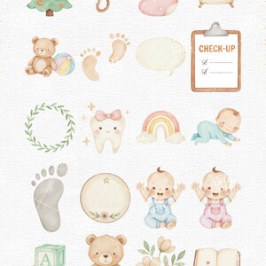 May include: Watercolor clipart set with baby-themed illustrations. Includes a Christmas tree, scissors, a baby sock, a bathtub, a teddy bear, baby footprints, a speech bubble, a check-up list, a wreath, a tooth, a rainbow, a baby, a footprint, a plate, baby blocks, a teddy bear, flowers, and a book. Text: BABY MILESTONES, 100+ WATERCOLOR CLIPART, CHECK-UP, A, B, C, THE CUTE PIXELS.