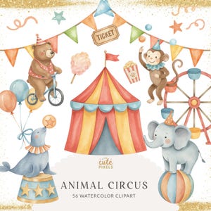 Clipart di circo ad acquerello, decorazioni per cameretta a tema circo, clipart di animali, clipart di carnevale, circo con carosello ad acquerello, licenza commerciale