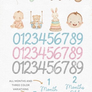 May include: Watercolor clipart set featuring baby-themed illustrations and numbers. Includes a heart-shaped balloon, spoon, car, shoes, baby, teddy bear on a swing, bunny on a stack of rings, and baby face. Numbers 0-9 in blue, pink, and gray, plus month markers.