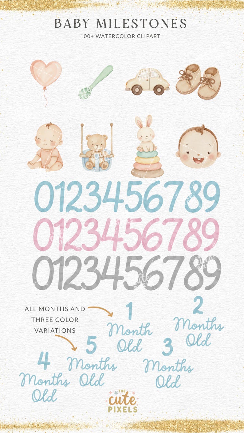 May include: Watercolor clipart set featuring baby-themed illustrations and numbers. Includes a heart-shaped balloon, spoon, car, shoes, baby, teddy bear on a swing, bunny on a stack of rings, and baby face. Numbers 0-9 in blue, pink, and gray, plus month markers.