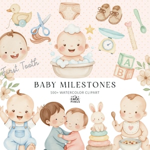 Clipart delle tappe fondamentali del bambino, acquerello mensile del bambino, crescita del bambino, tappe fondamentali del neonato, adesivi per il monitoraggio del neonato, clipart delle statistiche del bambino, baby shower