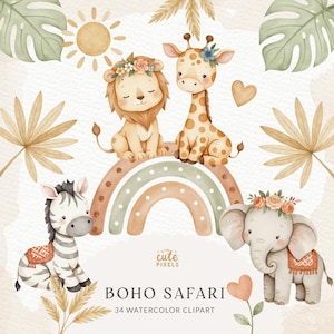 Clipart safari bohème, baby shower safari, chambre d'enfant jungle PNG, safari neutre, jungle bohème, bébés animaux PNG, fête safari, licence commerciale
