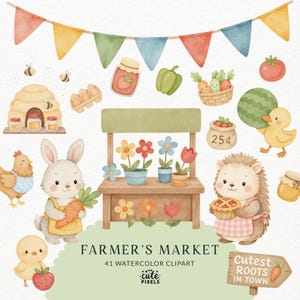 Baby boerenmarkt clipart bundel, aquarel verjaardag schuur clipart, boerderij dieren verjaardag png, kinderfeest clipart, schattige boerderij feestbeesten