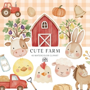 Acquerello di compleanno con simpatici animali da fattoria, compleanno in fattoria, clipart di baby shower in fattoria, clipart di fattoria carina, clipart di festa per bambini, download digitale