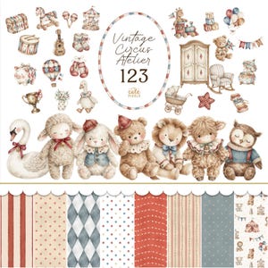 Puede incluir: Una colección digital de ilustraciones en acuarela con juguetes, animales y papeles estampados de temática de circo vintage. El conjunto incluye un cisne, un cordero, un conejo, un oso, un león y un búho, junto a elementos de circo como un carrusel.