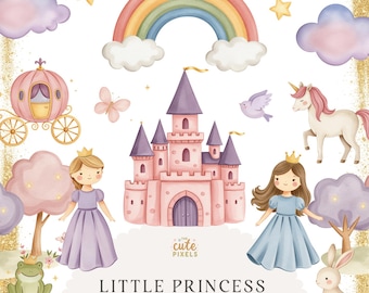 Princess Clipart, Fairytale, Pink Princess, Pink Kingdom, Royal Clipart, Rainbows, Magical Kingdom, Watercolor Clipart, Commercial License