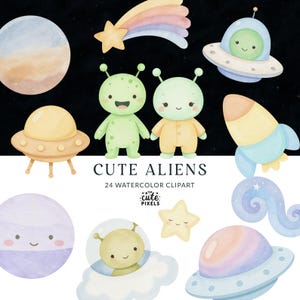 Watercolor Cute Aliens Clipart Bundle, Baby Aliens Clipart, Ovni UFO Illustration, Baby Boy Nursery PNG, Birthday Party Outer Space