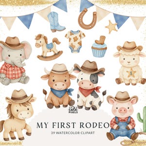 Mein erster Rodeo Geburtstag, Cowboy Clipart, Cowboy Tiere, Western Babyparty, blaue Stiefel, Wilder Westen Geburtstag PNG, kommerzielle Lizenz