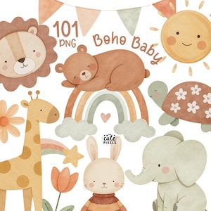 Clipart acquerello Boho Baby, Clipart animali per cameretta, PNG Boho Baby Shower, Festa neonato Boho, Baby Shower Boho, Grafica Moon Child