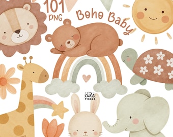 May include: Watercolor illustration with a Boho Baby theme. Features a sleeping bear on a rainbow, a smiling sun, a giraffe, a lion, a turtle, a bunny, an elephant, a flower, a star, and a banner. The text "101 PNG" and "Boho Baby" are also included.