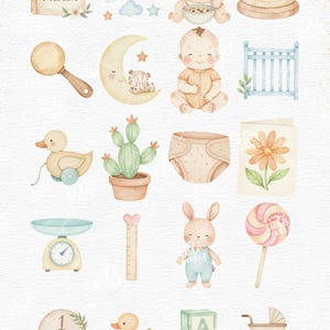 May include: Watercolor illustrations of baby-themed items, including a baby album, mobile, baby, stacking rings, rattle, moon with a bear, crib, duck, cactus, diaper, flower, scale, ruler, bunny, lollipop, milestone, duck, blocks, and a stroller. The text reads "BABY MILESTONES".