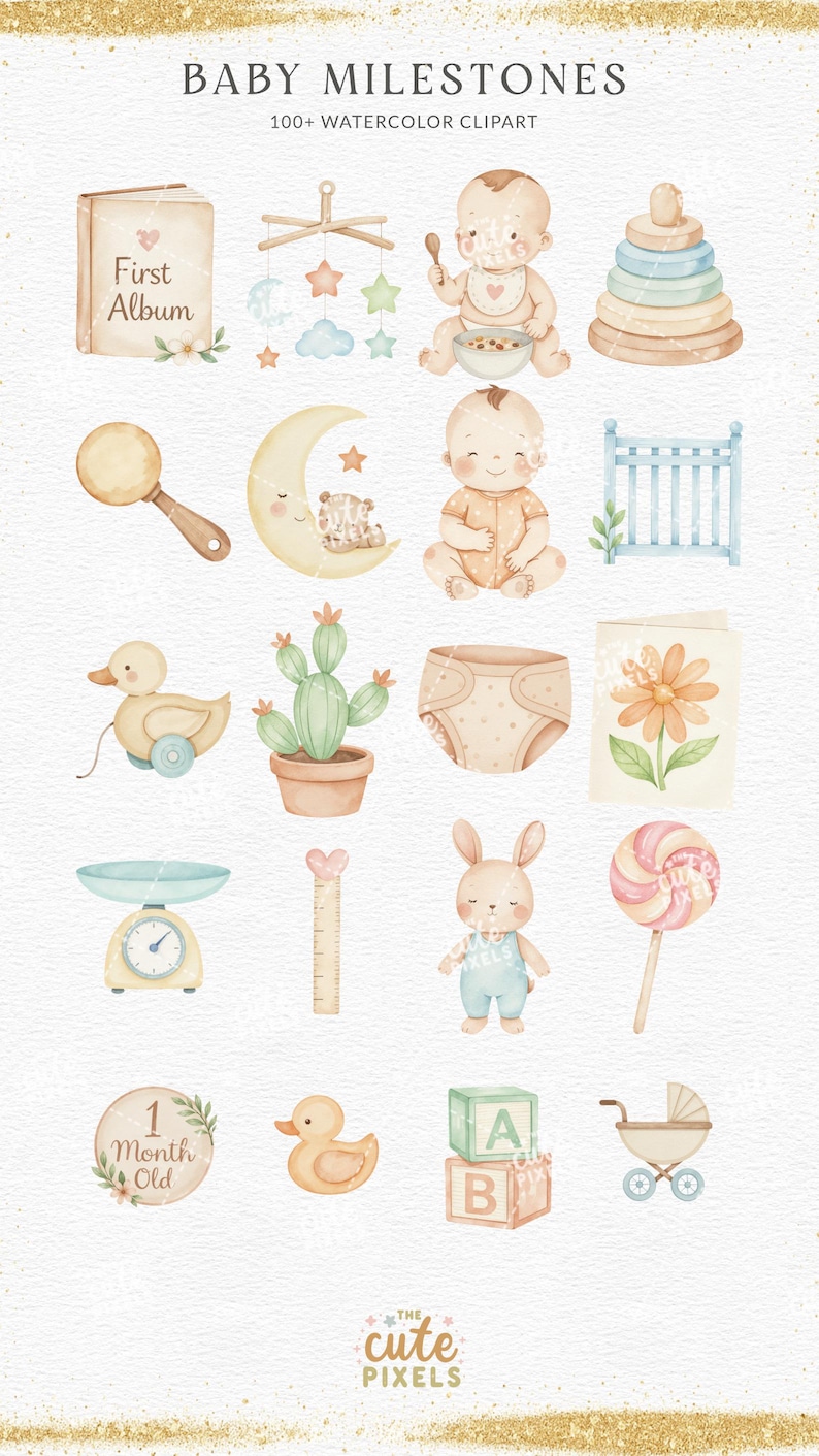 May include: Watercolor illustrations of baby-themed items, including a baby album, mobile, baby, stacking rings, rattle, moon with a bear, crib, duck, cactus, diaper, flower, scale, ruler, bunny, lollipop, milestone, duck, blocks, and a stroller. The text reads "BABY MILESTONES".