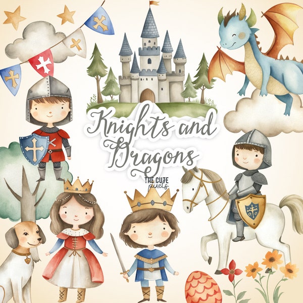 Ritter und Drache Aquarell Clipart, Schloss Märchen Drachen König Königin Pferd PNG Ritter Einladung Baby Shower Mittelalterliche Party Königreich