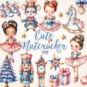 Nutcracker Ballerina Clipart Watercolor, Cute Ballet Clipart, Watercolor Pink Ballerina, X-mas Clipart, X-mas Nutcracker, Pastel Christmas