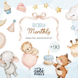 Baby Monatliches Clipart, Monatliches Wachstum Aquarell Clipart, Baby Geburtstag, Babyparty Clipart, Kinderzimmer Clipart Bundle, Baby PNG Werbung